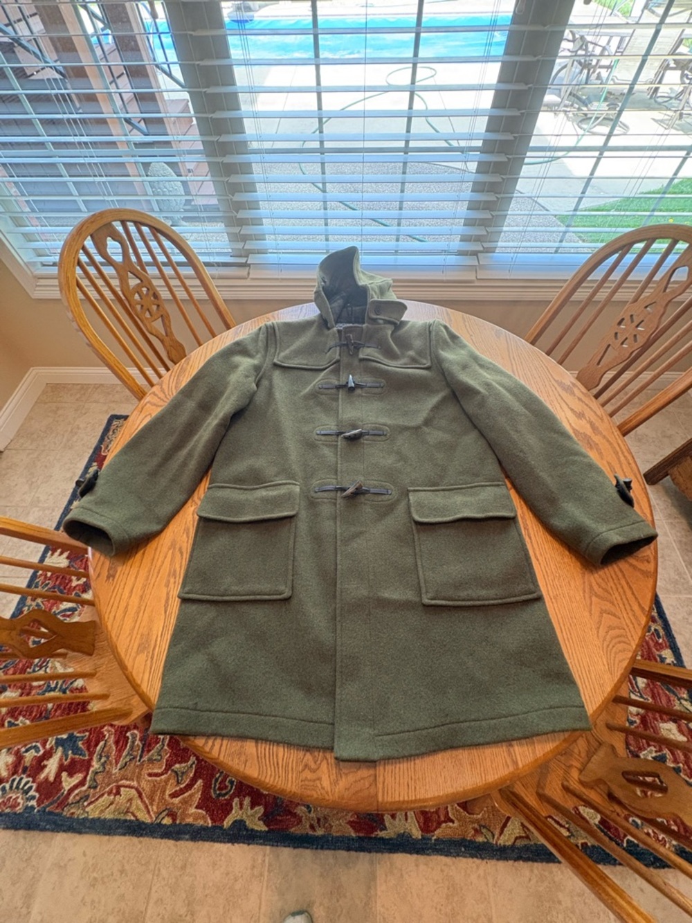 Gloverall Men’s Hooded Long Olive Wool Blend Toggle Coat 46 Us XXL